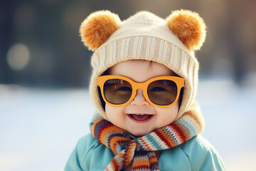 Wall Mural - Generative AI photo of beautiful adorable cheerful child walking frosty sunny snowy winter day outdoors