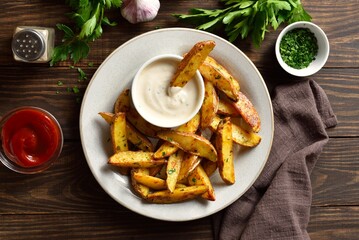 Wall Mural - Baked potato wedges with sauce