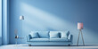 canvas print picture - Moderne Wohnzimmer Couch im wellnes Blau im Relax Raum Querformat für Banner, ai generativ