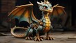 Steampunk fantasy dragon stands on the ground with wings outstretched