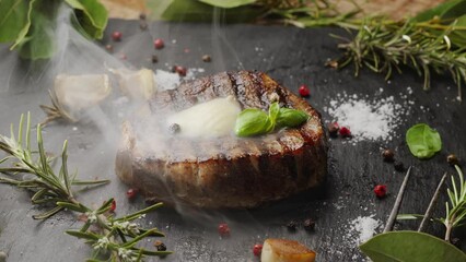 Sticker - Cooked grilled ribeye steak on a gray serving stone with a stick of butter and steam emanating from it. Great food background for your projects.