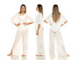 © vladimirfloyd - Collage of a young modern barefeet woman in white pants and blouse posing on white background.