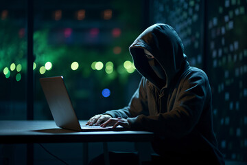 a man with a mask and hood behind a laptop computer. symbol of a group of hackers and anti-system up