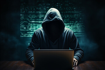 A man with a mask and hood behind a laptop computer. Symbol of a group of hackers and anti-system uprisings. AI generated.