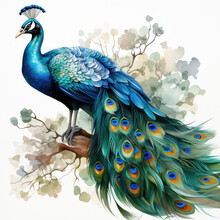 Watercolor Peacock Clipart, Generative Ai