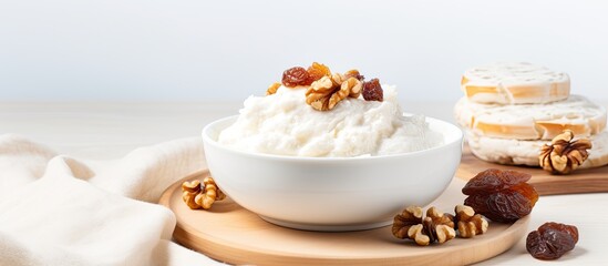 Wall Mural - Cottage cheese with walnuts raisins and sour cream on a light background served with a white towel