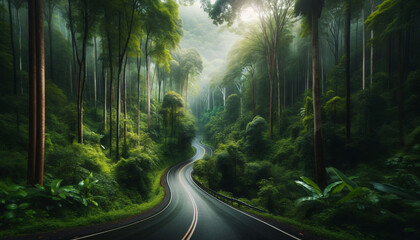 photo of a winding road cutting through a verdant forest, with the sounds of nature filling the air 