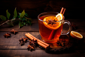 Poster - Hot mulled apple cider with with cinnamon sticks, cloves and anise on wooden table