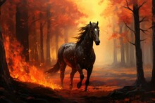 Nocturnal Fire Horse In Night Forest. Fog Fantasy Night. Generate Ai