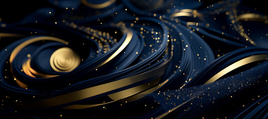 Wall Mural - abstract background with blue gold tinsel or shiny ribbons with bokeh particles. christmas, new year