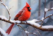 Red Cardinal Bird Perched On A Snowy Branch