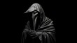 A mysterious figure emerges from the shadows, wearing a long cloak and a face mask similar to that of a medieval plague doctor. Created using Generative AI technology.