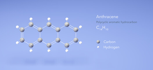 Sticker - anthracene molecule, molecular structures, polycyclic aromatic hydrocarbon, 3d model, Structural Chemical Formula and Atoms with Color Coding