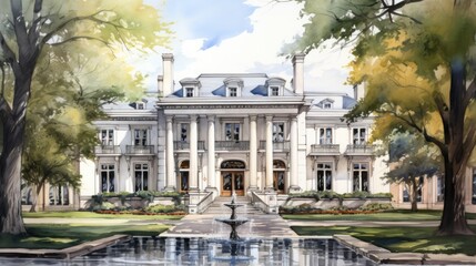 Wall Mural - A rendering of the front of a mansion, AI