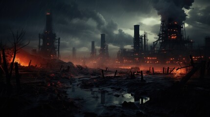 Sticker - A dark and ominous scene of an industrial area, AI