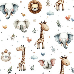 Naklejka na meble Watercolor childish seamless pattern with cute jungle animals: elephant, lion, giraffe and birds isolated on white background.