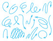 © Maryna - Set of vector arrows doodle illustration, line dynamics, ziggs. Blue arrows. Vector