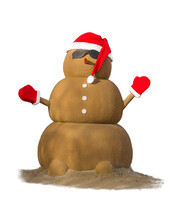 A Creative Snowman Wearing A Red Santa Claus Christmas Hat Wearing Sand Sunglasses. Christmas And New Year In Southern Countries On Vacation.