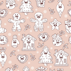 Wall Mural - Christmas groovy seamless pattern. Trendy retro cartoon characters gingerbread, cookies, man, tree, house, Xmas stocking. Vibes 70s. Vector New Year illustration. outline linear drawing.