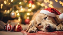 Cozy Christmas Scene: Retriever Dog Asleep With Gingerbread Man Toy Under The Tree On Soft White Rug