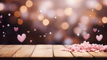 Empty Wooden Table With Defocused Bokeh Hearts And Rounds In Pink And Red Colors, Template With Heart Symbols, A Mockup Scene For Valentine's Day, Anniversaries, And Other Heartfelt Occasions.