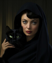 Portrait Of A Middle Eastern Woman Holding Her Black Bombat Cat