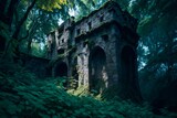 Fototapeta  - Abandoned Medieval Castle Ruins. Old Castle Fortress. Long Time Forgotten Fortress in the Woods. 