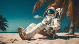 an astronaut relaxing on the beach against the backdrop of coconut trees and beach sand