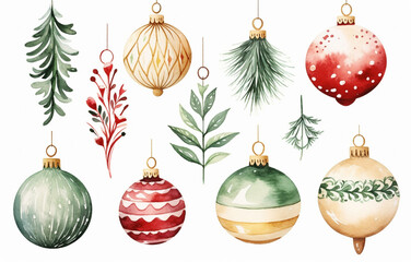 Christmas decor set watercolor paint on white background for greeting holiday card. Generated AI