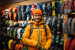 A friendly man with a warm smile in a ski equipment store, showcasing the latest gear and accessories
