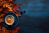 Fototapeta  - coffee on a table with fall colored leaves Generative AI