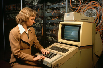 woman using vintage computer, typing on keyboard. retro pop art concept