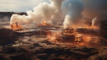 Geothermal Energy Wells Releasing Steam From Beneath Earth's Surface. Generative AI