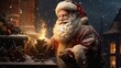 Santa Claus arrives in snowy chimney to deliver gifts on Christmas Eve. Generative AI