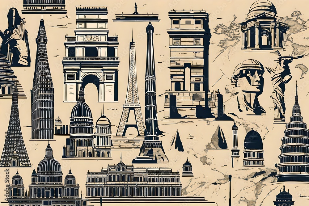 A collection of vector illustrations depicting global landmarks ...