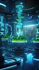 Canvas Print - Futuristic futuristic spaceship interior with plants and lights, AI