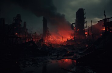 Wall Mural - A dark and smokey industrial area with a lot of smoke coming out of it, AI