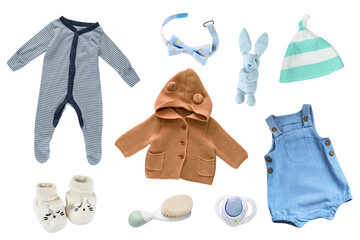 Wall Mural - Baby boy clothes set isolated, male child clothing on white. Infant wear, colorful outfit.