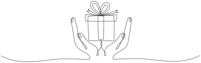 Wall Mural - Hands hold gift box continuous line drawn. Birthday linear symbol. Vector illustration isolated on white.