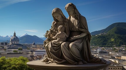 Wall Mural - maria and josef with her baby jesus in salzburg, christus time, salzburg panorama in background