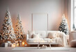 New year tree and christmas decoration in cosy light living room with sofa in white and creamy colors. AI generated.