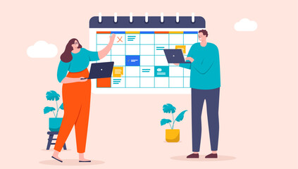 Aufkleber - Project management - People in office work setting with paper calendar looking at dates and schedule for business project. Flat design vector illustration with beige background