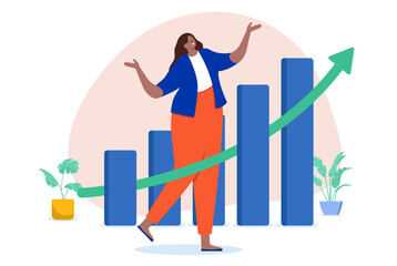 Fototapete - Successful black businesswoman - Happy cheerful entrepreneur businessperson with rising graph and green arrow pointing up. Success and growth concept in flat design vector illustration