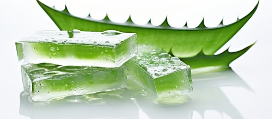 Poster - Close up of sliced aloe vera leaf with soft reflection on light background Used for health and skincare