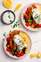 Wall Mural - Moroccan  salmon with vegetables and couscous