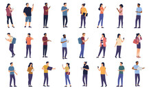 People Using Phone And Devices Collection - Set Of Vector Characters With Smartphone, Tablets And Computers Looking At Screen, Talking And Interacting. Flat Design Illustrations With White Background