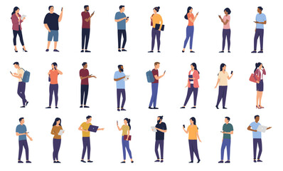 Fototapete - People using phone and devices collection - Set of vector characters with smartphone, tablets and computers looking at screen, talking and interacting. Flat design illustrations with white background
