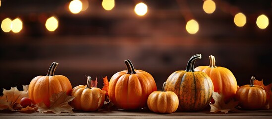 Sticker - Thanksgiving harvest scene with rustic wooden table lights and bokeh with mini pumpkins and leaves