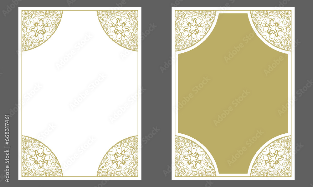 Gold frame with ornamented corners. A4 format. Design for cover page, invitation, card and more. Two versions. Vector illustration