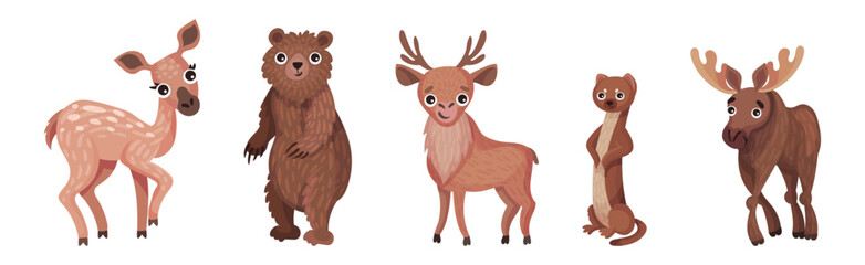 Wall Mural - Forest Animals with Deer, Otter, Elk and Bear Vector Set